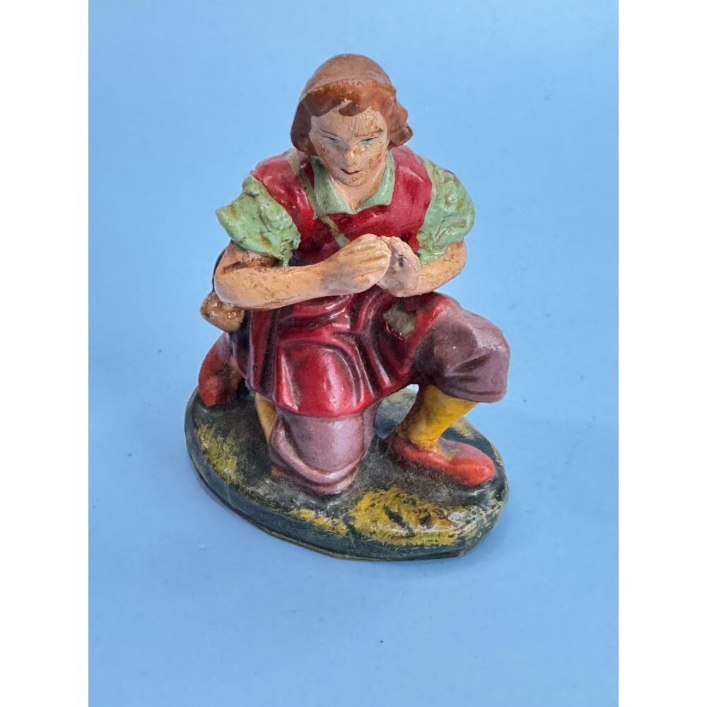 Vintage Italian Paper Mache Figurine Of Kneeling Boy with Horn In Red Outfit